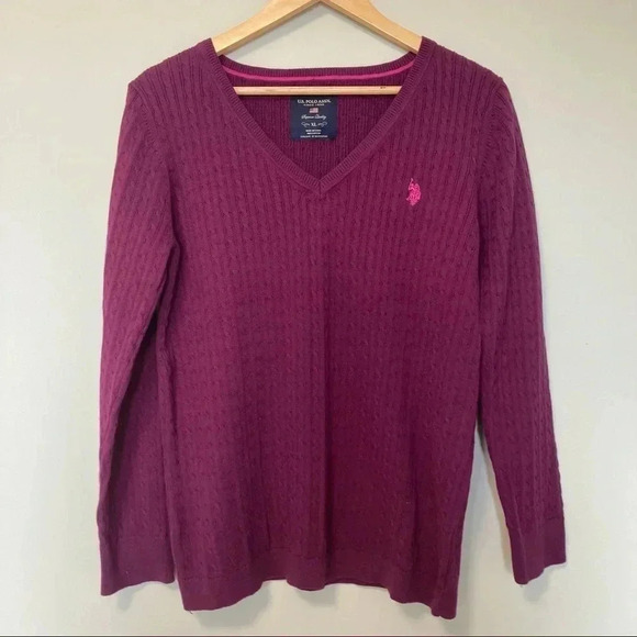 Polo  magenta cable knit v neck 100% cotton sweater - Picture 1 of 5